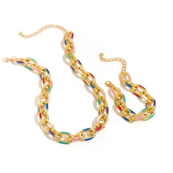 NWT Necklace & Bracelet Jewelry 2PCs Set Colorful Enamel Chunky Oval Link Choker - Picture 4 of 7